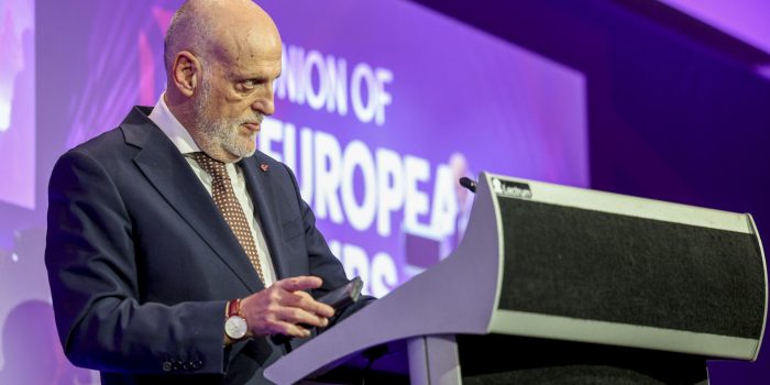 El presidente de LaLiga, Javier Tebas, durante su participación el pasado martes en el UEC Football Forum, en Bruselas. EFE/ Pablo Garrigós