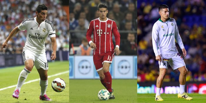 Combo de fotografías de archivo del futbolista colombiano James Rodríguez vistiendo las camisetas de Rea Madrid (i), Bayern Munich (c) y León (d). EFE/ Fernando Alvarado/Sáshenka Gutiérrez /Friedemann Vogel/ARCHIVO