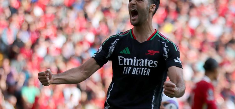 EL jugador del Arsenal Mikel Merino celebra un gol durante el partido de la Premier League que han jugado Liverpool FC y Arsenal FC, en Liverpool, Reino Unido. EFE/EPA/ASH ALLEN