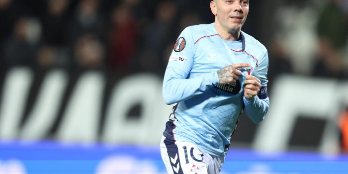 El jugador del Celta Iago Aspas, celebrando un gol durante el partido de este jueves contra el PAOK, correspondiente a la Liga Europa. EFE/ ACHILLEAS CHIRAS