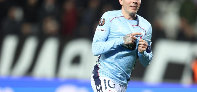 El jugador del Celta Iago Aspas, celebrando un gol durante el partido de este jueves contra el PAOK, correspondiente a la Liga Europa. EFE/ ACHILLEAS CHIRAS