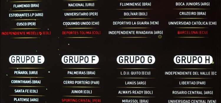 Fotografía de los grupos y los equipos que los conforman durante el sorteo de la fase de grupos de la Copa Libertadores 2026 este jueves, en Luque (Paraguay). EFE/ Juan Pablo Pino