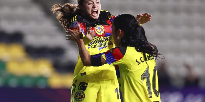 Jugadoras del América celebran un gol este sábado en la final de la Copa de Campeones Femenina de la Concacaf ante Washington Spirit, en el estadio Hidalgo, en Pachuca (México). EFE/David Martínez Pelcastre
