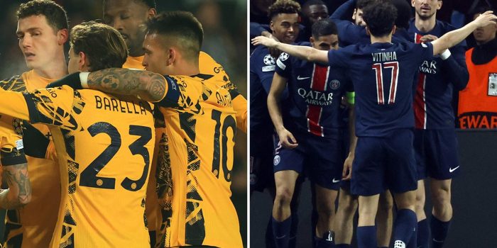 Los jugadores del Inter de Milán y del PSG celebran durante partidos de la Liga de Campeones. EFE/Archivo