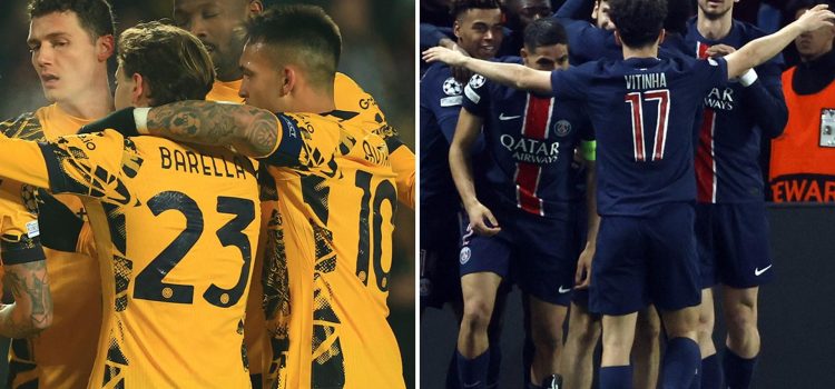 Los jugadores del Inter de Milán y del PSG celebran durante partidos de la Liga de Campeones. EFE/Archivo