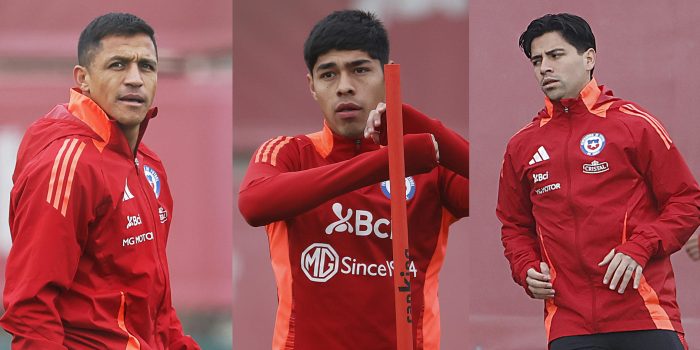Tres de los delanteros llamados a marcar goles en la selección de Chile Alexis Sánchez (i), Darío Osorio (c) y Víctor Dávila no han cumplido y la Roja está al borde de la ausencia del tercer Mundial consecutivo. EFE/ Elvis González