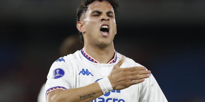 David Romero, de Tigre, celebra un gol en la Copa Sudamericana ante el América de Cali en el estadio Pascual Guerrero en Cali (Colombia). EFE/Ernesto Guzmán