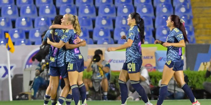 Jugadoras de América celebran un gol durante un partido del Torneo Clausura 2026 de la Liga Femenil MX entre Tigres y América en el Estadio Universitario de San Nicolás de los Garza (México). Imagen de archivo. EFE/Miguel Sierra