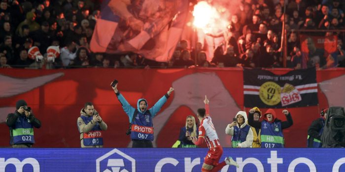 Mirko Ivanic, del Estrella Roja, celebra el 3-1 durante el partido de la UEFA Champions League que han jugado Estrella Roja y VFB Stuttgart en Belgrado, SerbiaEFE/EPA/ANDREJ CUKIC