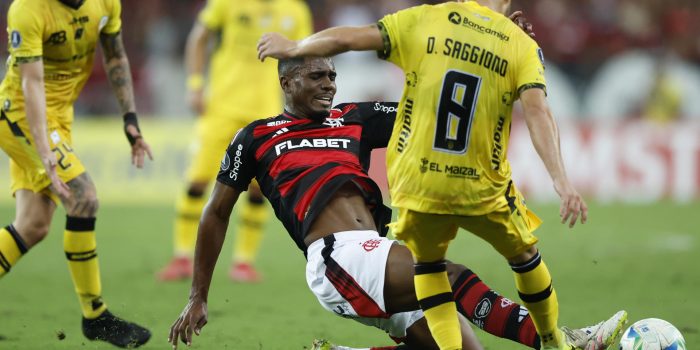 Evertton Araújo (abajo) de Flamengo disputa un balón con Daniel Saggiomo de Deportivo Táchira. EFE/Andre Coelho