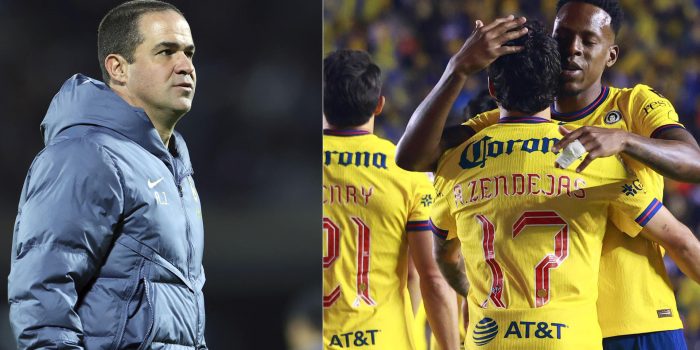 Combo de dos fotografías que muestra al entrenador del América, André Jardine, y a jugadores de América celebrando un gol. América, dirigido por el entrenador brasileño André Jardine, visitará este domingo a Toluca con el propósito de sumar a sus vitrinas el decimoséptimo título de liga en México y completar un impresionante logro de cuatro campeonatos seguidos. EFE/ Sáshenka Gutiérrez