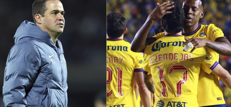 Combo de dos fotografías que muestra al entrenador del América, André Jardine, y a jugadores de América celebrando un gol. América, dirigido por el entrenador brasileño André Jardine, visitará este domingo a Toluca con el propósito de sumar a sus vitrinas el decimoséptimo título de liga en México y completar un impresionante logro de cuatro campeonatos seguidos. EFE/ Sáshenka Gutiérrez