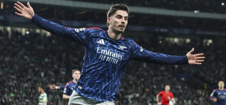 El jugador del Arsenal Kai Havertz celebra el 0-1 durante el partido de ida de cuarto de final que han jugado Sporting CP y Arsenal FC en el Jose Alvalade Stadium en Lisboa, Portugal. EFE/EPA/MIGUEL A. LOPES