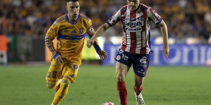 Fernando Gorriarán (i) de Tigres disputa un balón con Sebastien Salles-lamonge de San Luis. Imagen de archivo. EFE/Antonio Ojeda