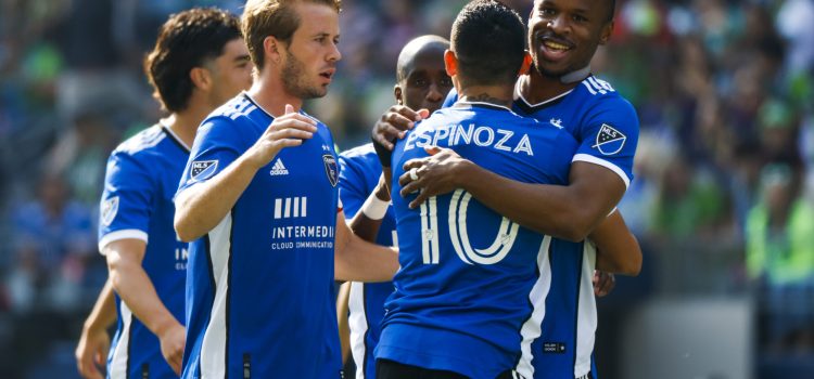 Oct 9, 2022; Seattle, Washington, USA; San Jose Earthquakes forward Jeremy Ebobisse (11) celebrates with teammates, invcluiding forward Cristian Espinoza (10) and midfielder Jackson Yueill (14), after scoring a goal against the Seattle Sounders FC during the first half at Lumen Field. Mandatory Credit: Joe Nicholson-USA TODAY Sports